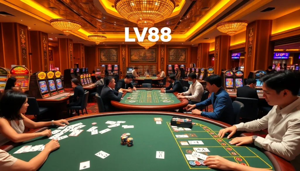 Engaging gamblers at LV88's luxurious casino with vibrant games and high-stakes excitement.