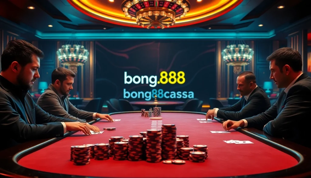 Intensely focused poker players enjoying high stakes at https://bong88.casa/ casino table.