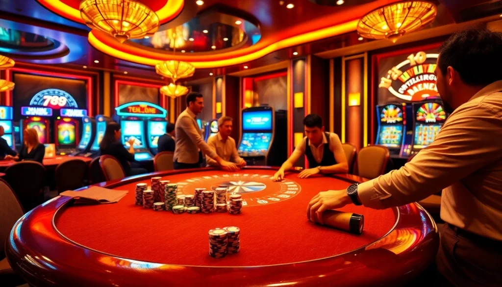 Play poker at 789f com in a vibrant luxury casino atmosphere with colorful chips and exciting gameplay.