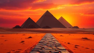 View of the Great Pyramids of Egypt at sunrise with vibrant colors and dynamic scenery from https://piraminds.com/.