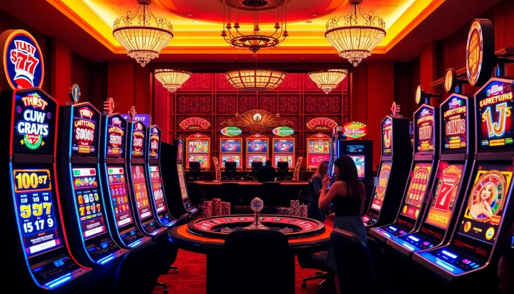 Excited players enjoying slot online terpercaya at a luxurious casino with vibrant slot machines and poker chips.