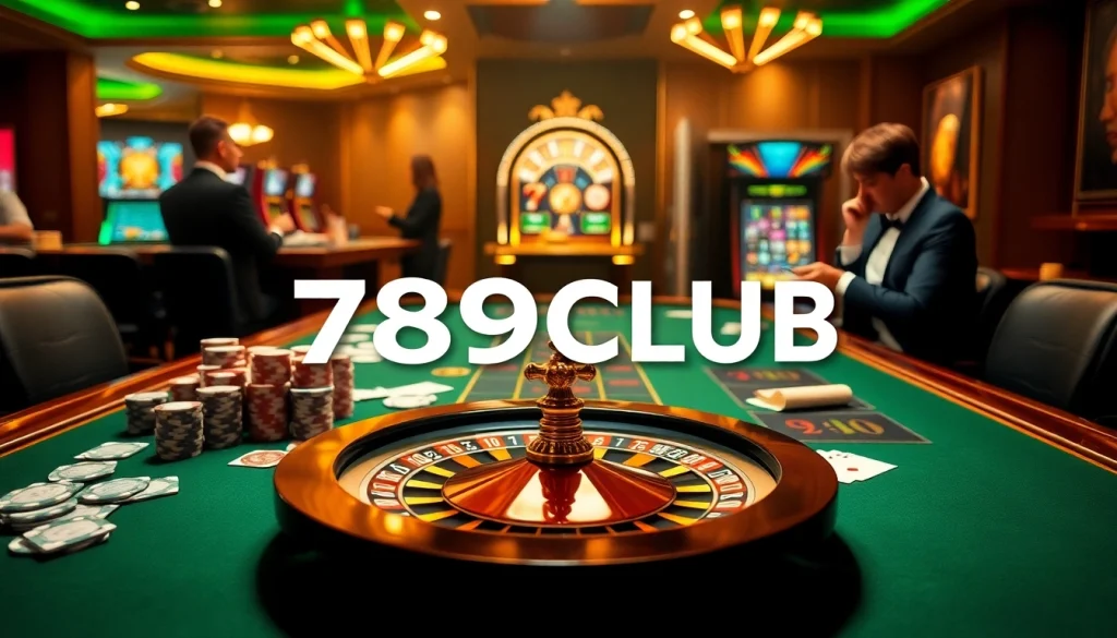 Exciting casino atmosphere featuring 789CLUB with poker chips, cards, and roulette wheel.