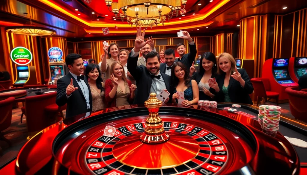 Players celebrating a win at the casino with poker chips and cards from https://rr88co.net/.