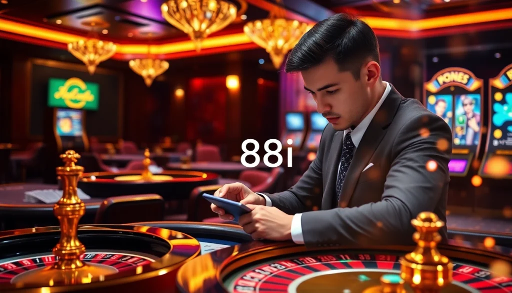 Experience the thrilling online gaming atmosphere at 88i with vibrant poker chips and interactive slot machines.