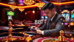 Experience the thrilling online gaming atmosphere at 88i with vibrant poker chips and interactive slot machines.