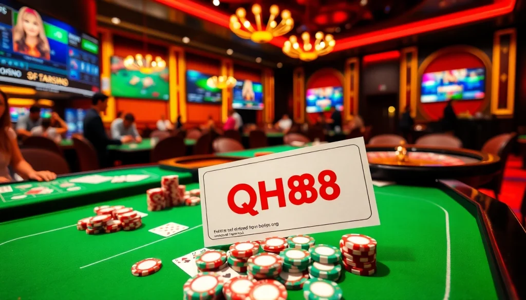 Experience QH88’s thrill in a vibrant casino with poker chips and roulette lights.