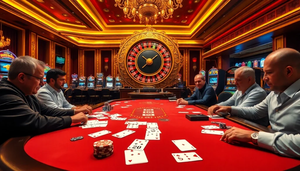 Exciting high-stakes poker scene at 28 bet casino with players and vibrant slot machines.