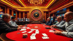 Exciting high-stakes poker scene at 28 bet casino with players and vibrant slot machines.