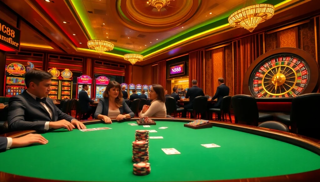 Nc88 thrills on a high-stakes poker table amidst vibrant casino excitement.