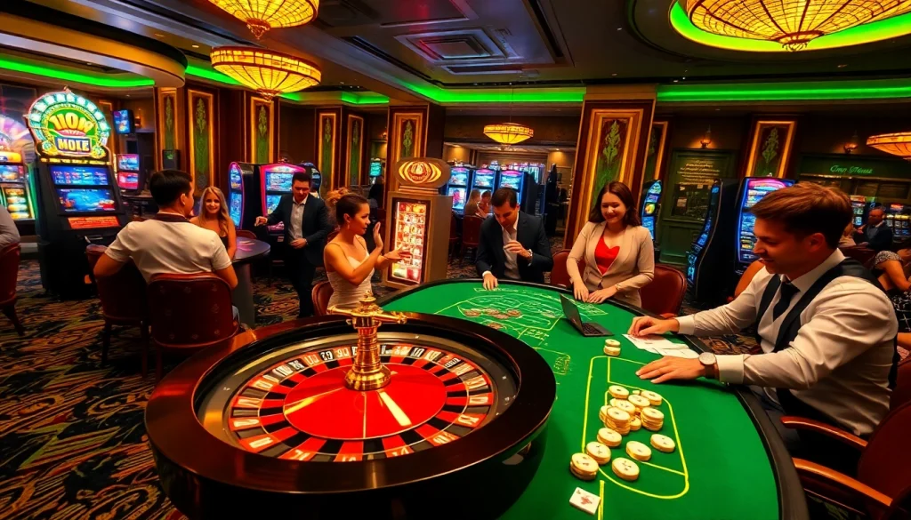 Players enjoying high stakes at gamebaidoithuong.trading casino scene with roulette and poker elements.