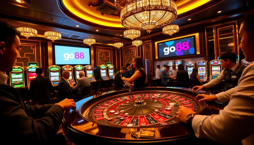 Experience thrilling gameplay at go88's casino with poker chips and roulette.