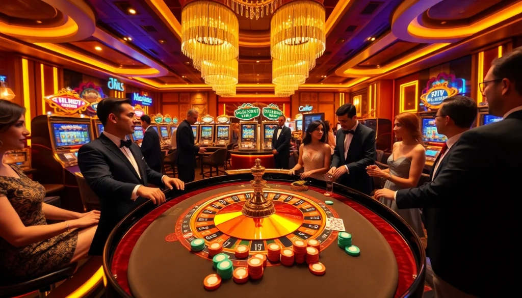 Players enjoying a thrilling roulette game at luck8 casino, surrounded by vibrant slot machines.