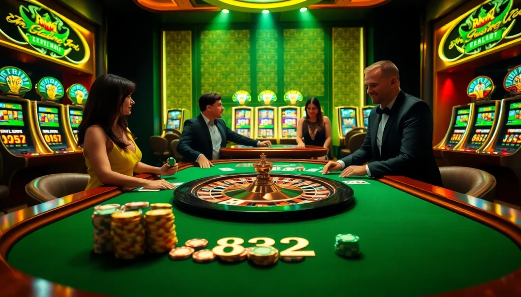 A dynamic casino scene featuring the b52 game with players, poker chips, and vibrant slot machines.