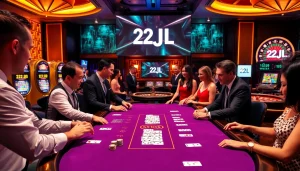 Engaged players at a luxury online casino table featuring vibrant colors, chips, and the 22JL logo.