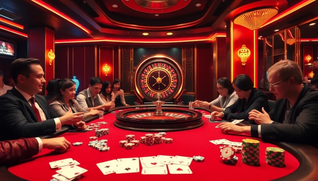 Experience intense gameplay at MMOO's vibrant poker tables with chips and cards in action.