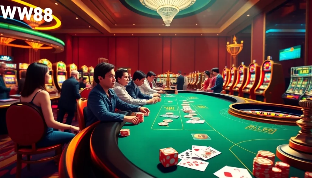 Experience the thrill of WW88 online gambling at an exciting casino table with poker chips and cards.