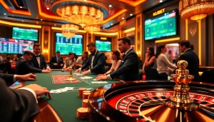 Engaged players enjoying a thrilling Kubet casino experience with vibrant poker chips and elegant roulette.