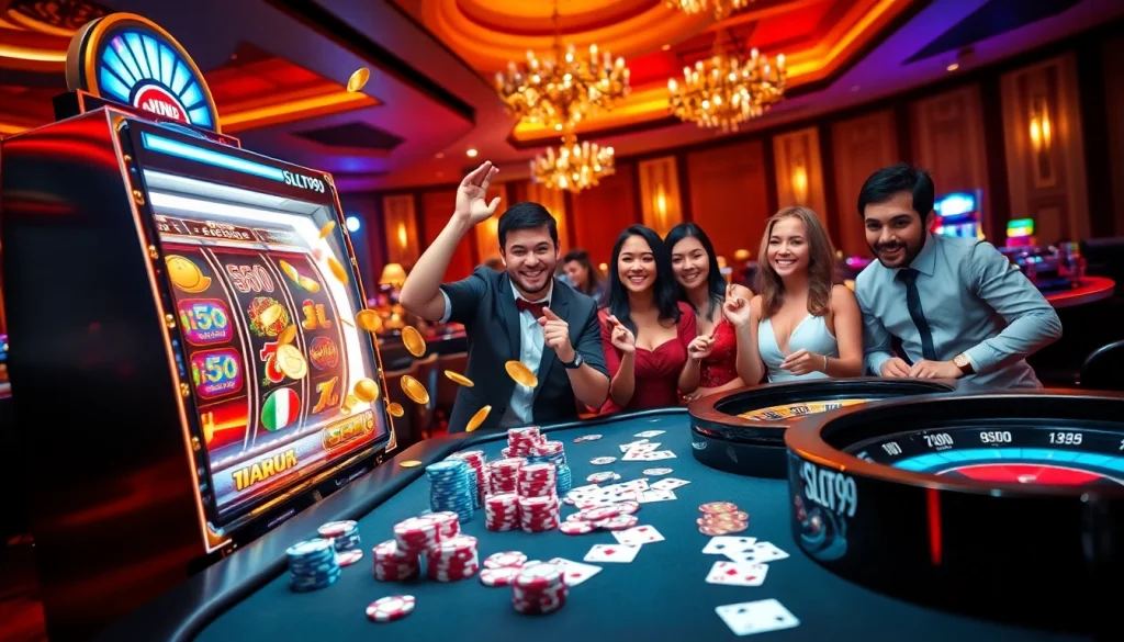 Gamblers enjoying thrilling games at SLOT99, featuring slot machines, poker chips, and casino decor.