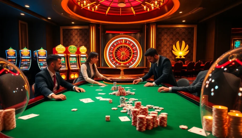 Players enjoying a thrilling game at nhà cái 789club's lavish poker table in a vibrant casino.
