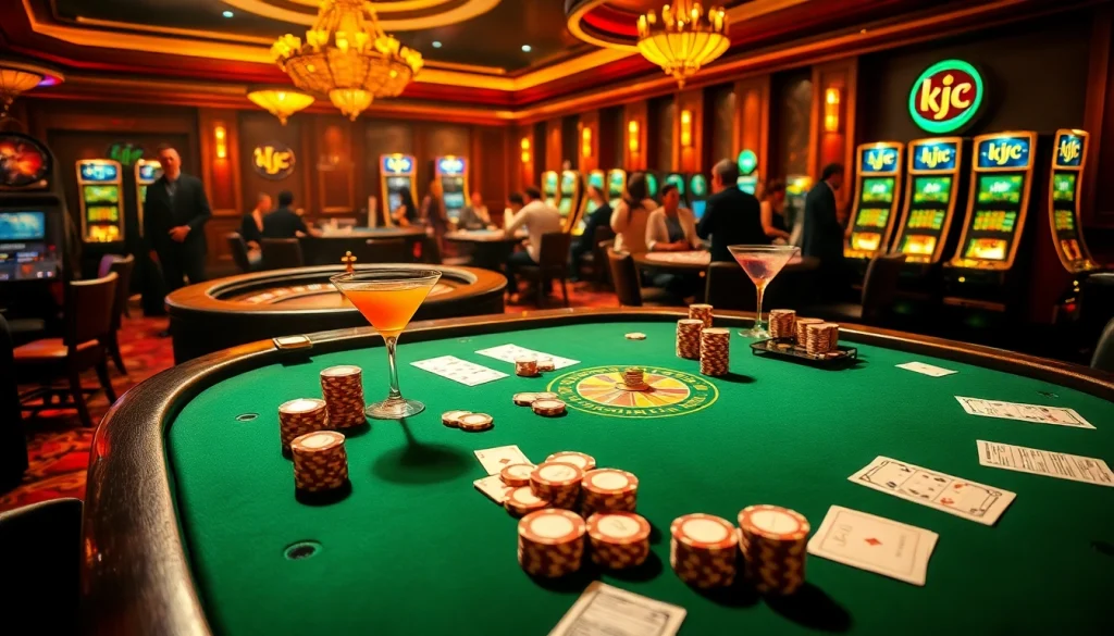 KJC logo visible at a luxurious poker table, showcasing high-quality chips and dynamic casino ambiance.