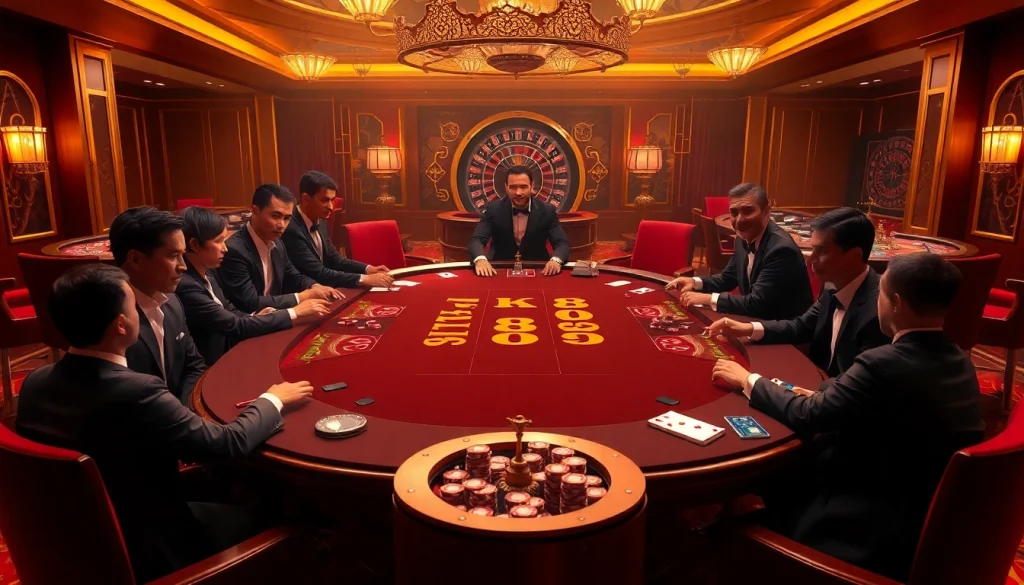 Players engaging in a thrilling TK88 poker game at an upscale casino table.