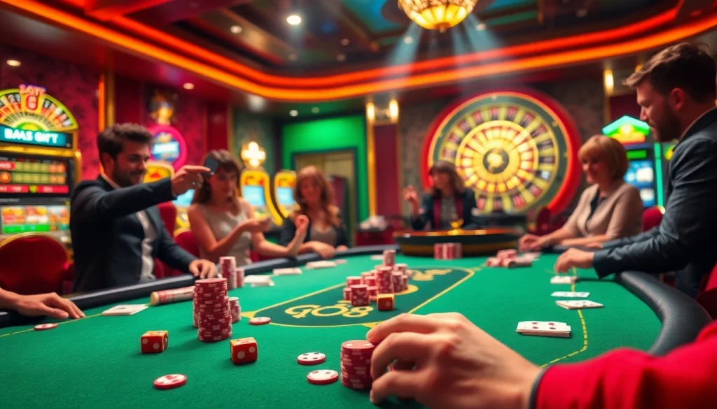 Engaging GO8 casino scene with a lively poker table and excited players enjoying their game.