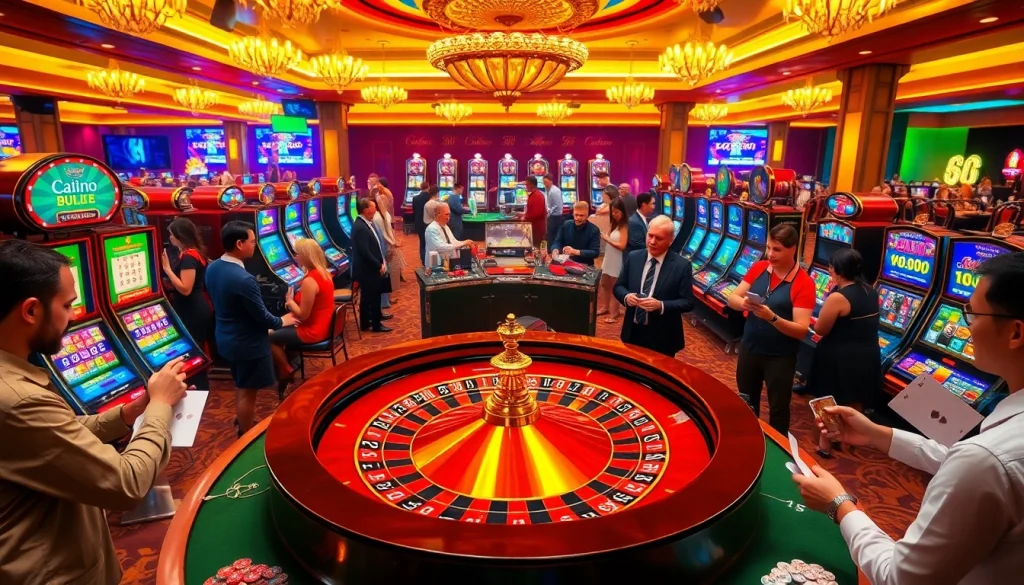 Players enjoying high-stakes action at rajatoto88 slot machines and roulette tables