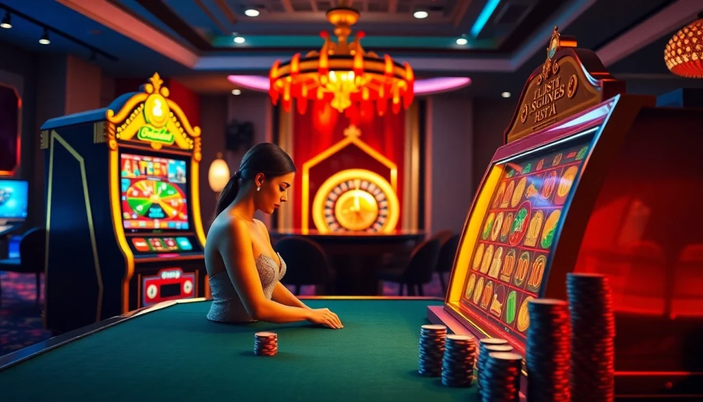 Experience the thrilling atmosphere of qqmacan at a luxurious casino with vibrant gaming elements.