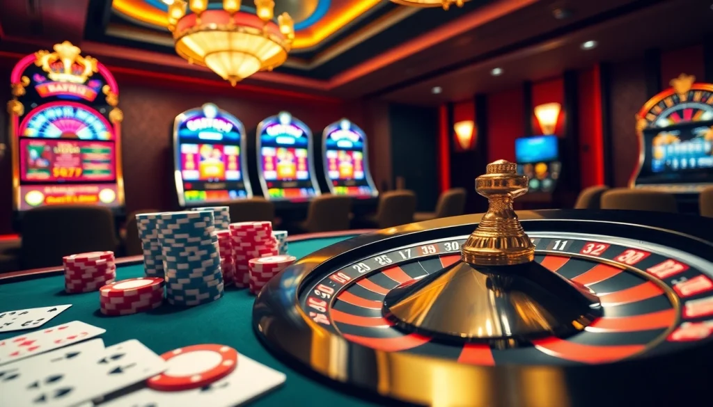 Experience the thrilling atmosphere of gambling with OKFUN at luxurious casino tables featuring vibrant chips and stylish cards.