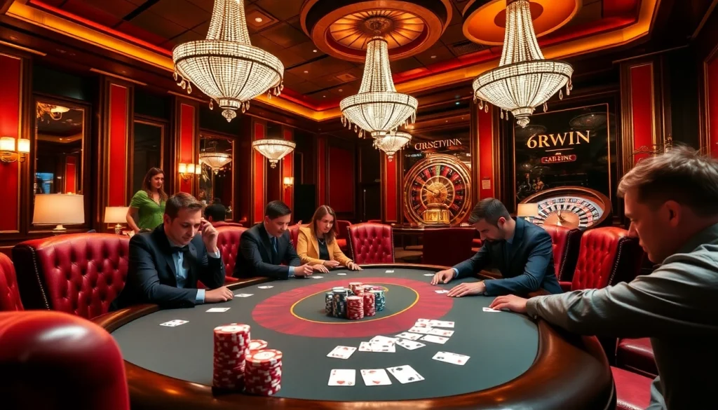 Experience the thrill of gaming at 6RWIN with a high-stakes poker table showcasing vibrant chips and cards.