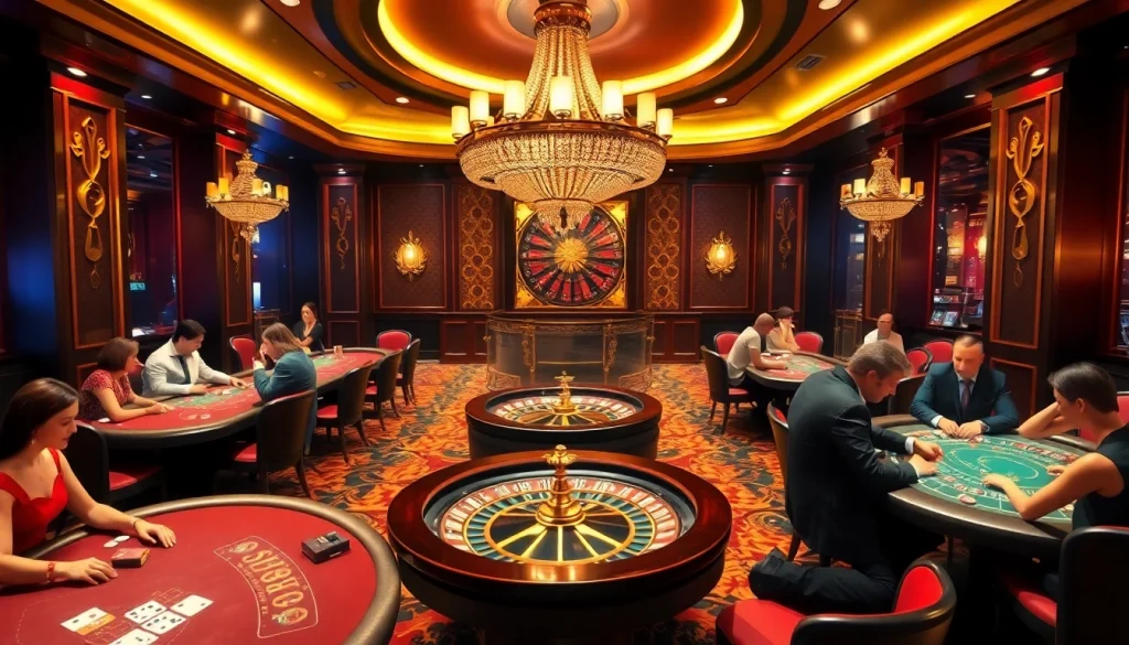 Cảnh casino đầy hào hứng với bàn chơi CG79, người chơi poker và vòng quay roulette sáng bóng.