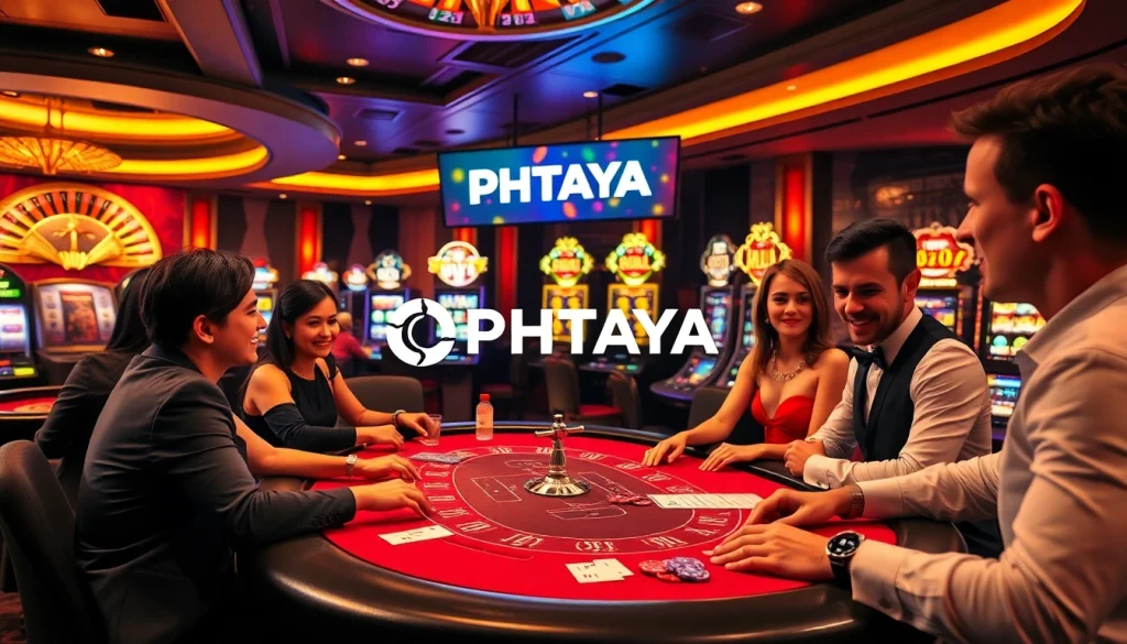 PHTAYA players enjoying a thrilling casino experience with poker chips and roulette.
