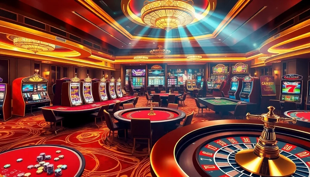 Experience the thrill of FLY88 casino gaming with vibrant tables and spinning roulette wheel.