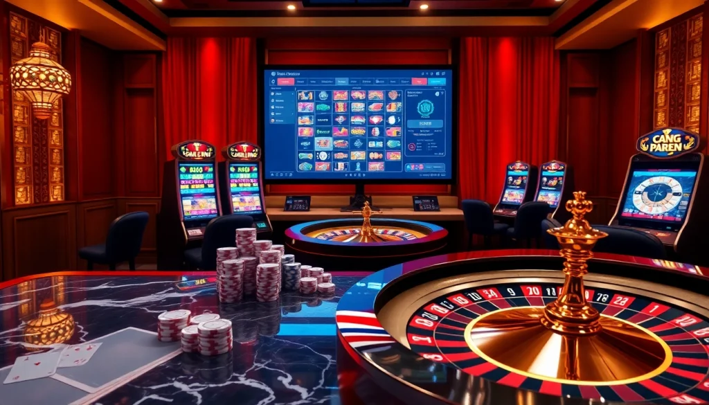 Engage in high-stakes gambling experiences at https://mk8th.net/, featuring a luxurious casino setup with vibrant slot machines and roulette.