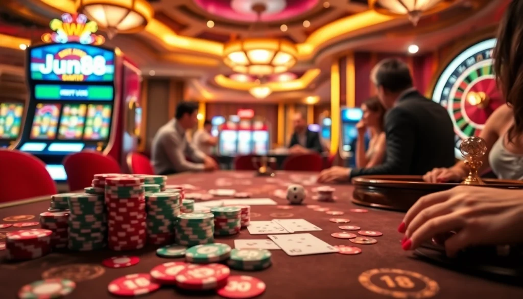 Experience a thrilling game at Jun88 casino table with vibrant chips and cards.