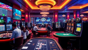 Experience the excitement of đăng ký okfun with vibrant online gambling visuals featuring roulette and slot machines.