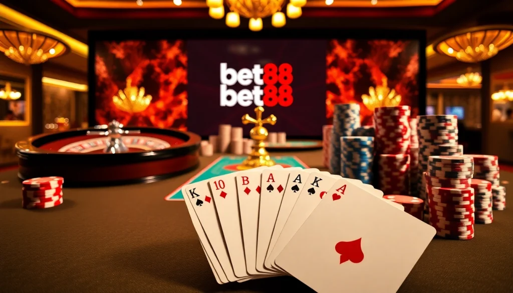 Intense gaming action at bet88 with poker chips and cards on a luxurious table.