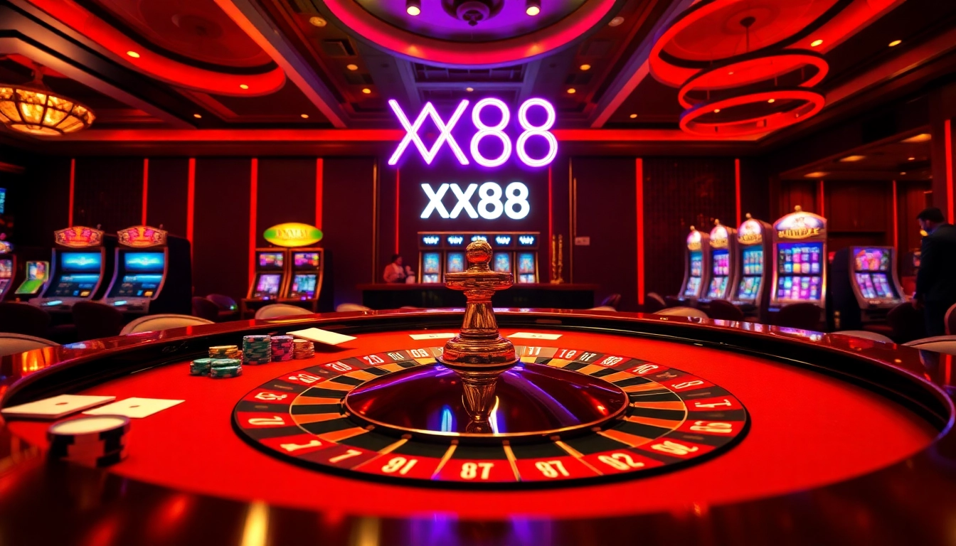 Experience thrilling gameplay at the XX88 casino, featuring exciting roulette and vibrant poker tables.