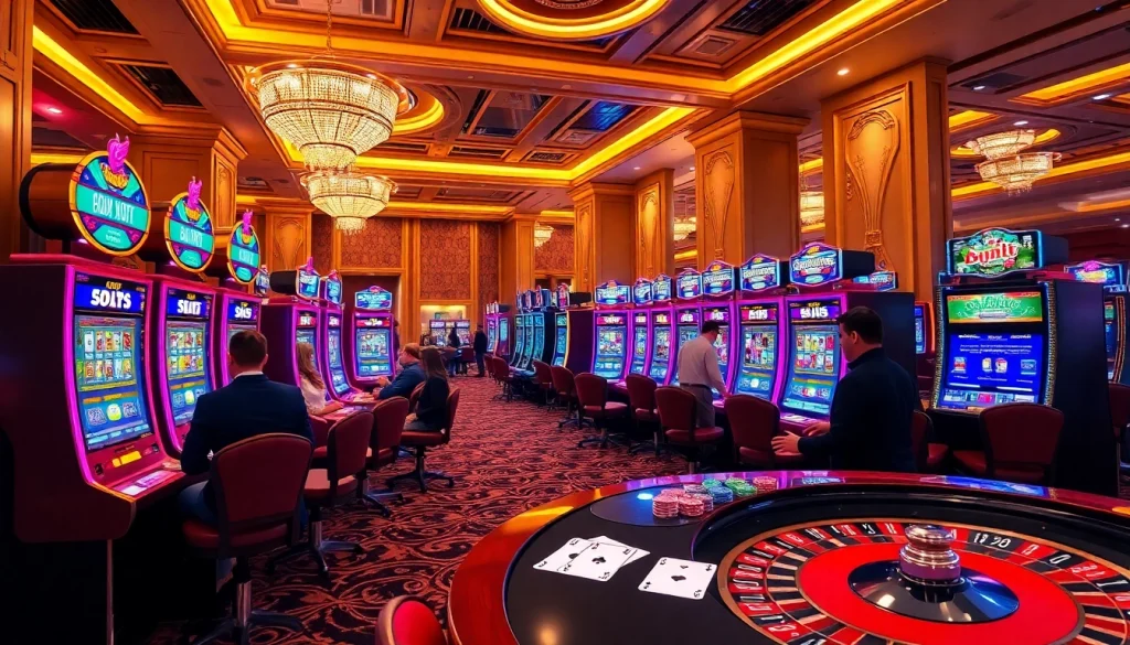 Players enjoying slot qris machines with vibrant designs in a luxurious casino setting.