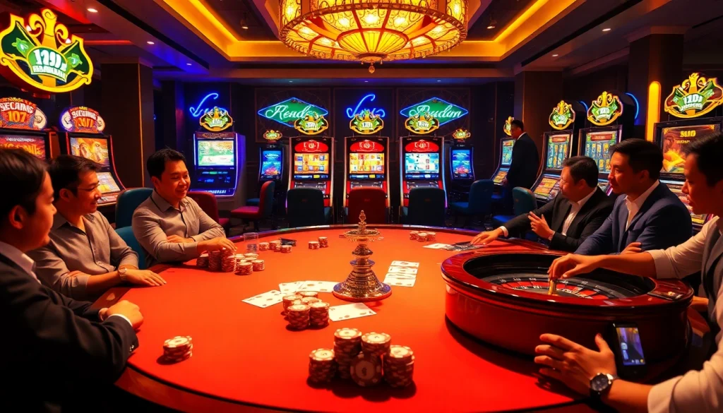 Bongdalu live casino scene featuring a luxurious poker table and vibrant slot machines.