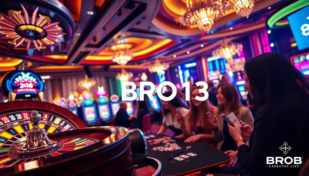 bro138 gamblers enjoying an exciting casino atmosphere with roulette wheel and slot machines.