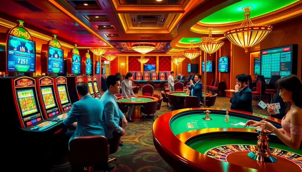 A dynamic casino scene highlighting the excitement of gambling at https://789win.gg/ with players enjoying blackjack and slot machines.