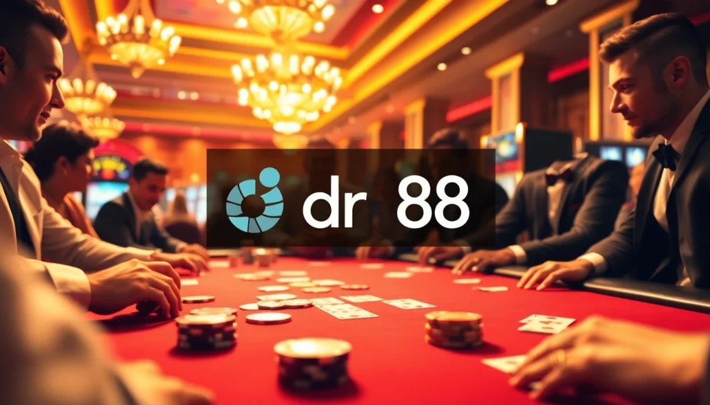 Players competing at a high-stakes table at DR88 casino, showcasing intense gaming strategy and luxury.