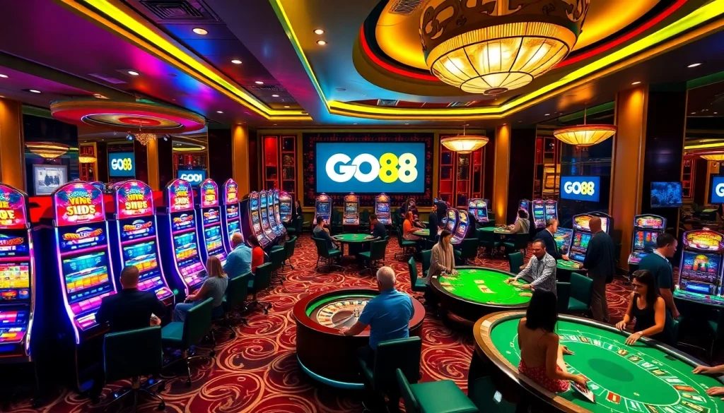 Experience high-stakes gaming action at go 88's luxurious casino atmosphere with vibrant gaming tables and slot machines.