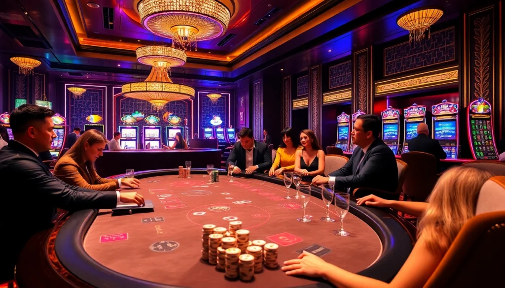Pushpa Club vibrant casino scene featuring a poker table, players, and slot machines.