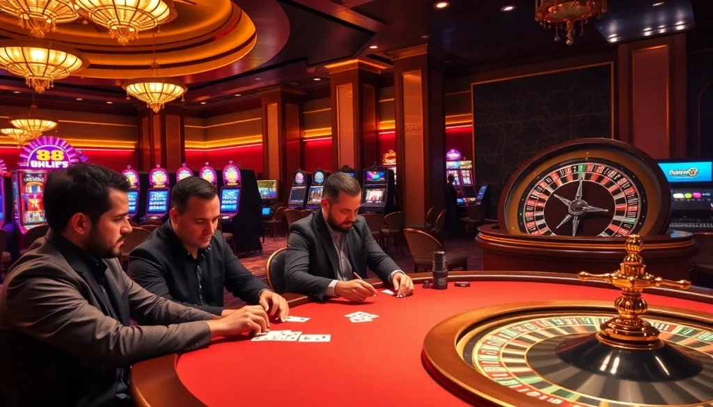 Experience the thrill of gambling at 88i with a vibrant casino scene featuring poker and slot machines.