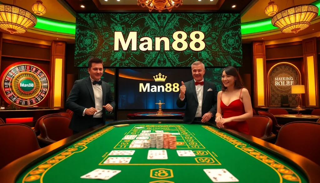 Man88 players excitedly engage in a high-stakes game at a luxurious casino table.