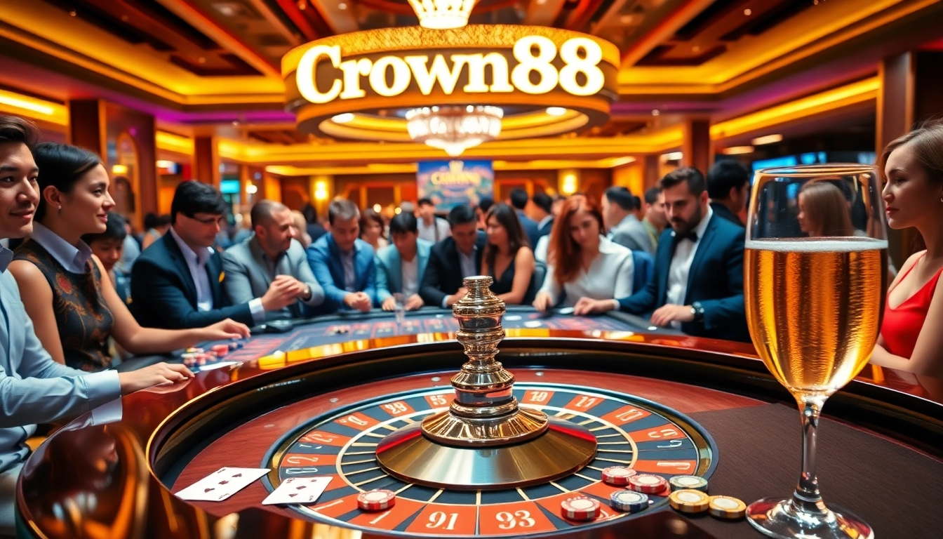 Players enjoying classic casino games at Crown88 with roulette and poker tables.