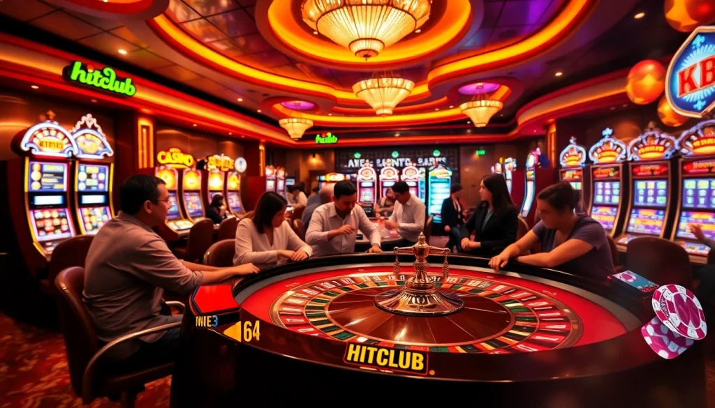 Players enjoying thrilling games at Hitclub casino, surrounded by vibrant slot machines and roulette tables.