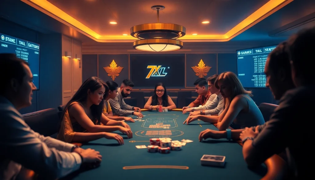 משחק פוקר מקוון מרגש ב-7XL עם שחקנים מגוונים וצ’יפים לפוקר וממשק דיגיטלי.